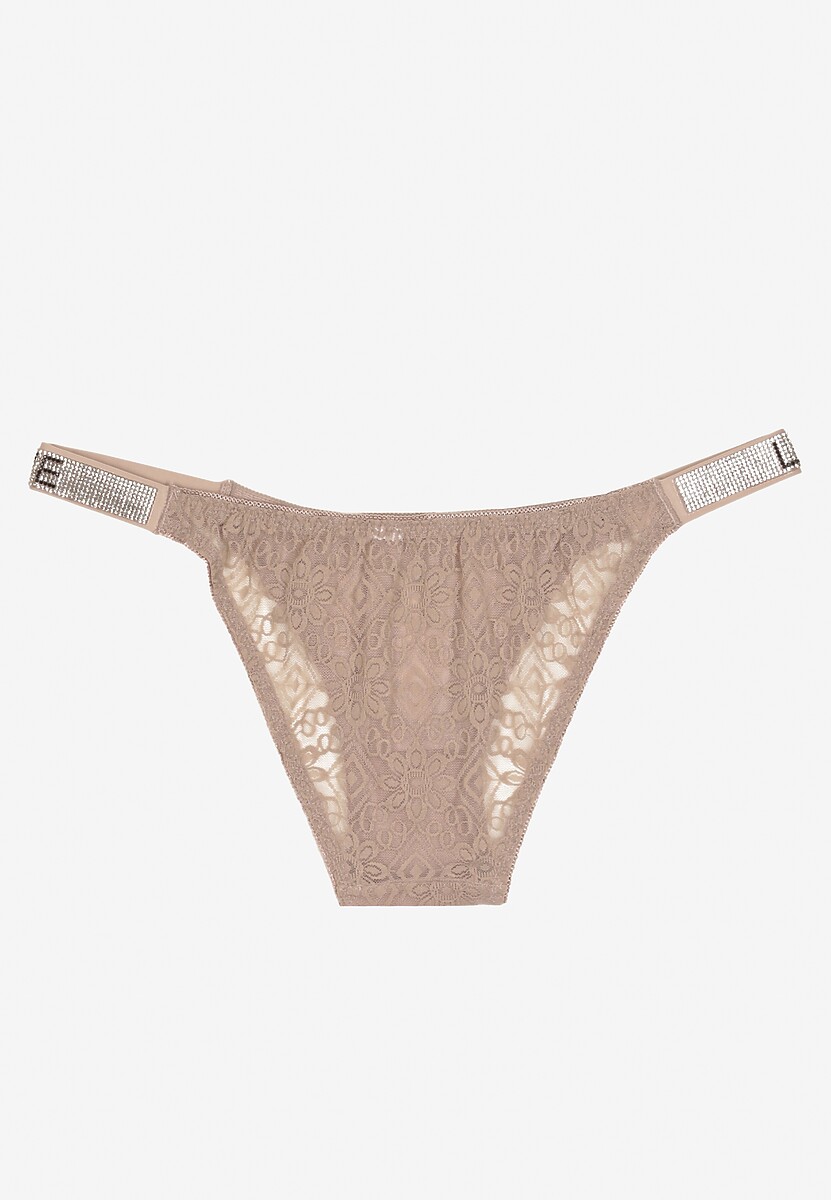 Ciemnobeżowe Bawełniane Majtki Figi z Koronki Ozdobione Cyrkoniami Elenivia