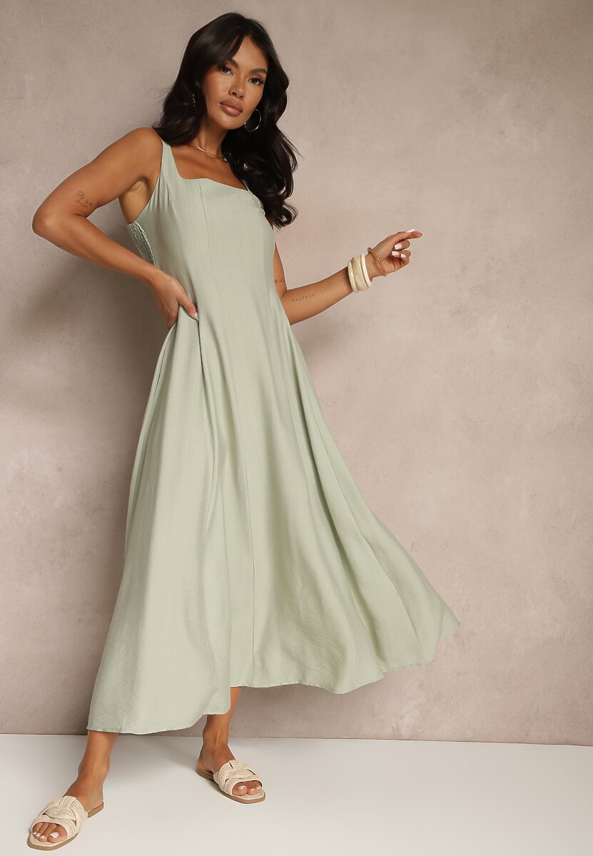 Zielona Rozkloszowana Sukienka z Wiskozy Ozdobiona Kwadratowym Dekoltem Avledia