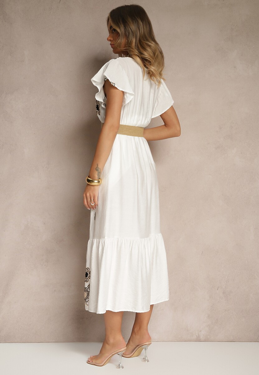 Biało-Czarna Sukienka z Wiskozy Ozdobiona Paskiem i Haftem Nilorelle