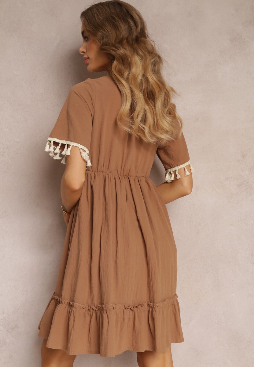 Brązowa Sukienka Mini z Gumką w Talii i Ozdobną Taśmą z Cekiniami Ofelifia