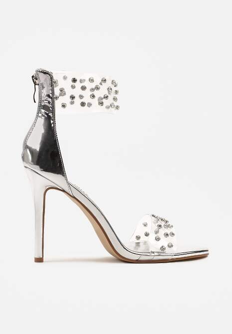 Srebrne Sandały na Szpilce Ozdobione Przezroczystymi Paskami i Cyrkoniami Lioleva