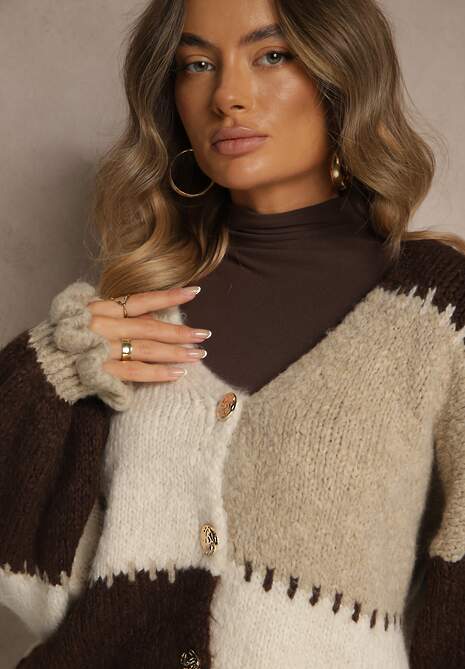 Brązowy Oversizowy Kardigan w Patchworkowym Stylu z Guzikami i Domieszką Wełny Atavita