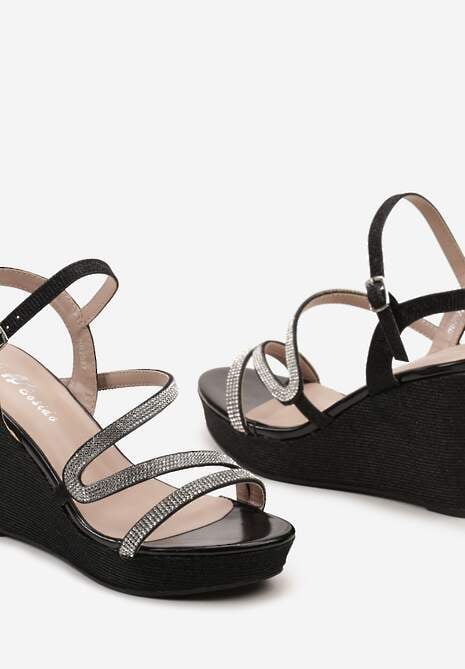 Czarne Sandały na Koturnie z Brokatem i Cyrkoniami oraz Sprzączką Jottima