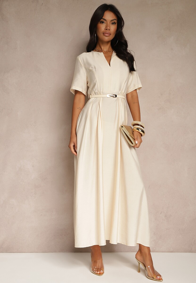 Beżowa Rozkloszowana Sukienka z Lnu i Wiskozy z Paskiem ze Sprzączką Linoretia