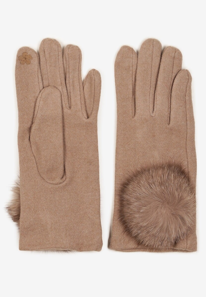 Jasnobeżowe Rękawiczki z Bawełną Ozdobione Futrzanym Pomponem Nadelina