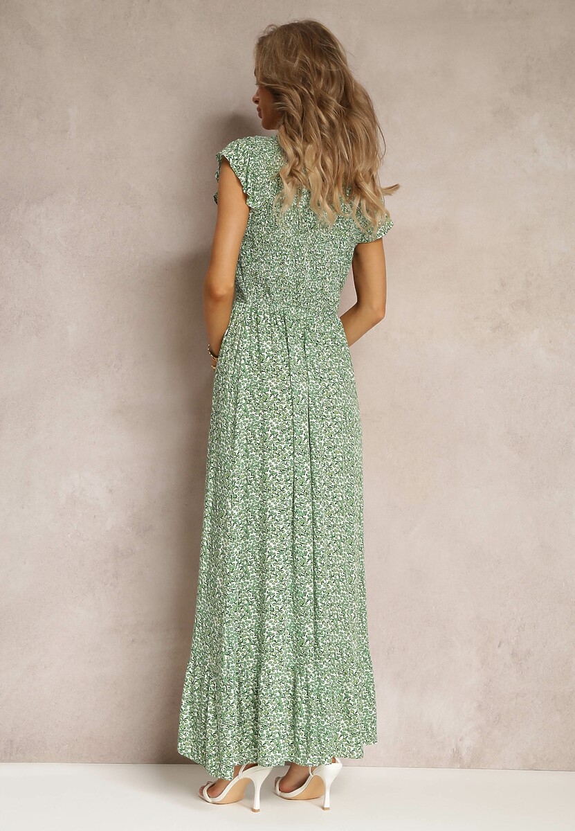 Zielona Rozkloszowana Sukienka z Wiskozy w Kwiaty Nusebia