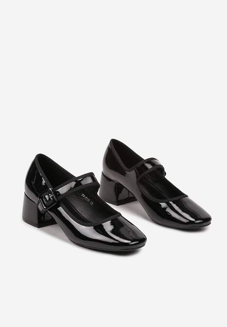 Czarne Czółenka Lakierowane na Słupku z Paskiem i Kwadratowym Noskiem Erisadora