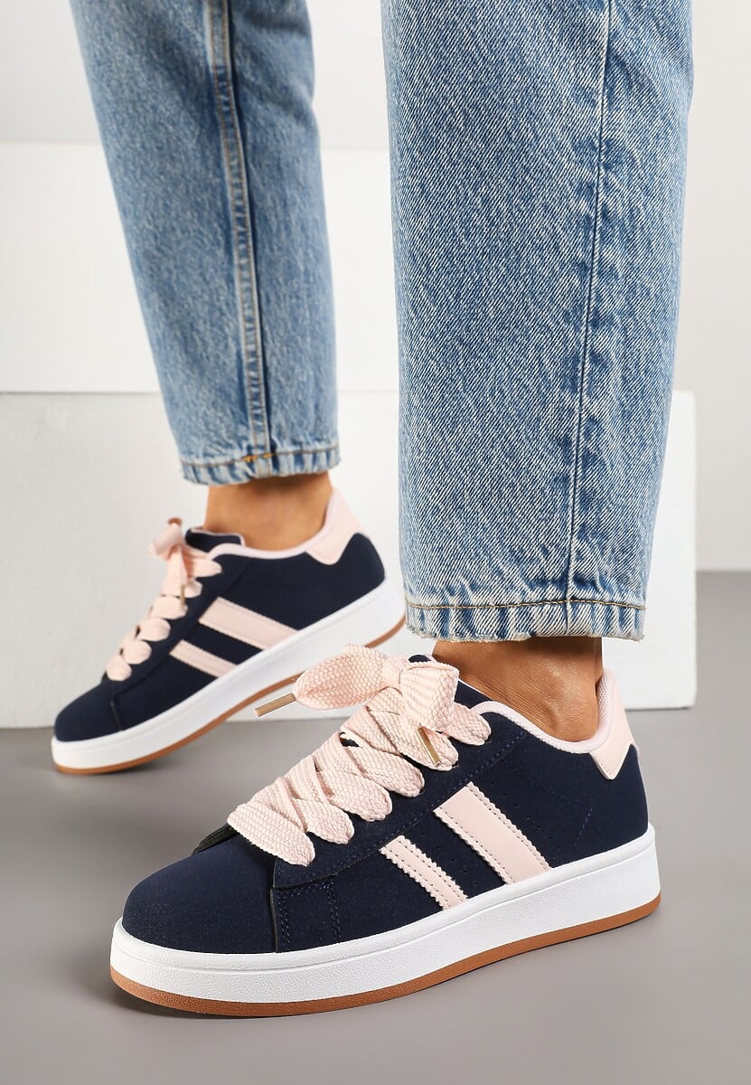 Granatowo-Różowe Sneakersy na Niskiej Platformie z Naszywkami Flordexia