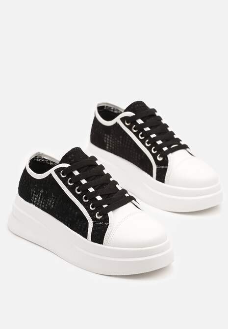 Czarno-Białe Sneakersy na Platformie z Koronkową Cholewką Falendriela