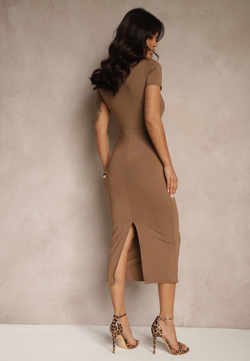 Brązowa Sukienka Bodycon o Dopasowanym Kroju z Dekoltem w V Efrerina