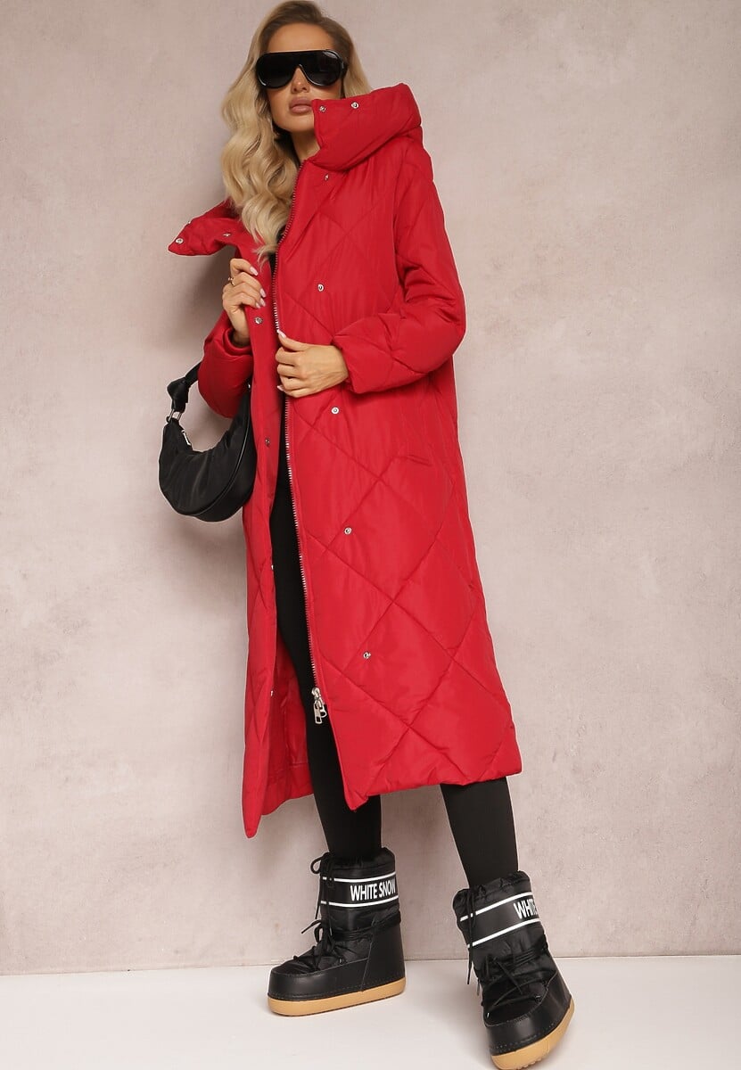 Biała Pikowana Kurtka Płaszcz za Kolano z Kapturem Kinassan