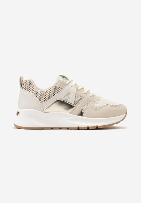 Beżowe Sneakersy z Siateczkowymi i Metalicznymi Zdobieniami Detama