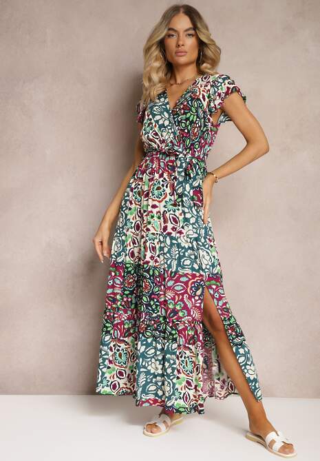 Fioletowo-Zielona Sukienka z Krótkim Rękawem z Wiskozy z Gumką w Talii z Materiałowym Paskiem i  Dimonte