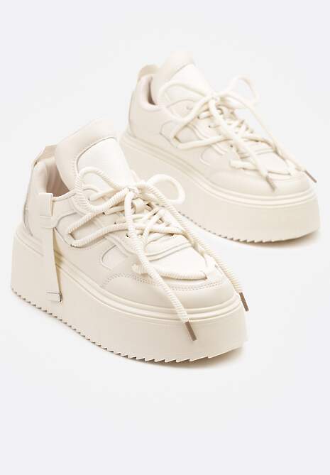 Beżowe Sneakersy na Platformie Ozdobione Sznurowaniem Vilvia