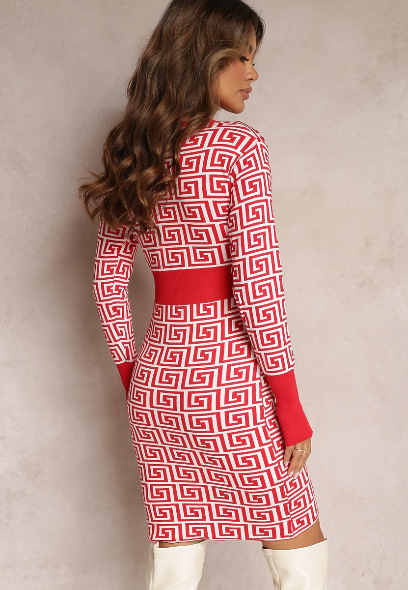 Czerwona Sukienka Mini ze Sweterkowej Dzianiny z Geometrycznym Wzorem Manounetta