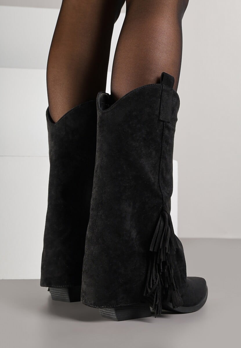 Czarne Botki Kowbojki na Stożku Ozdobione Frędzlami Reielle