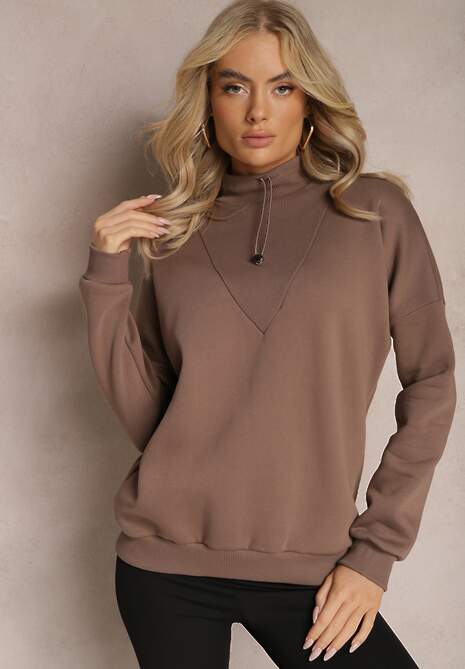 Brązowa Ocieplana Bluza Bawełniana z Półgolfem Heraia