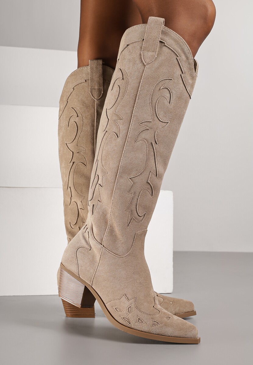 Ciemnobeżowe Kozaki Kowbojki na Stożku w Klasycznym Stylu Nalinda