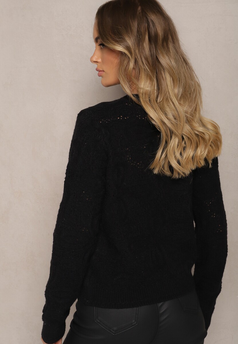 Czarny Pudełkowy Kardigan z Wełną i Wiskozą o Tłoczonym Splocie Vaitra