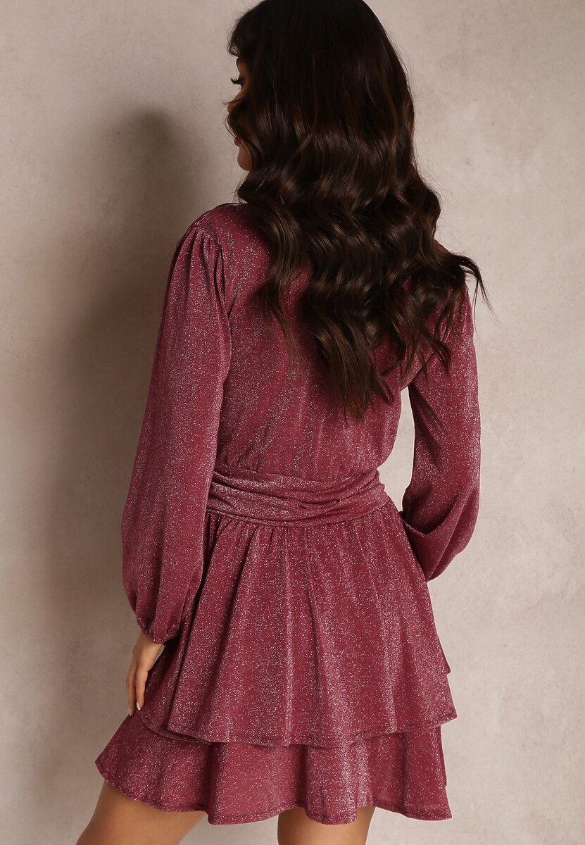 Bordowa Sukienka Rozkloszowana z Metaliczną Nitką Necile