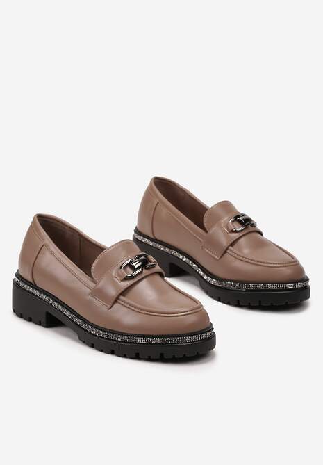 Ciemnobeżowe Mokasyny z Ozdobnym Paskiem z Cyrkonii na Grubej Podeszwie i z Klamrą Elimeti