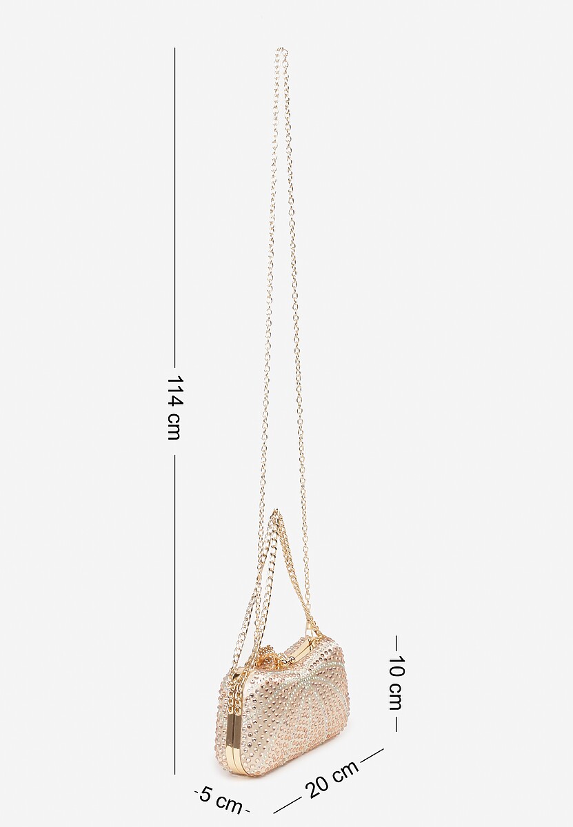 Złota Torebka Kopertówka z Łańcuszkiem Zdobiona Cyrkoniami i Kwiatową Aplikacją Fessaluna