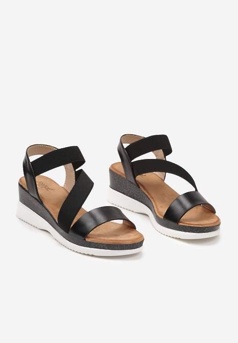 Czarne Casualowe Sandały na Niskim Koturnie z Brokatem i Elastycznym Paskiem Thani