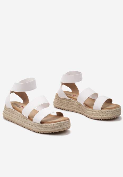 Białe Sandały z Elastycznego Materiału na Plecionej Platformie Leopada