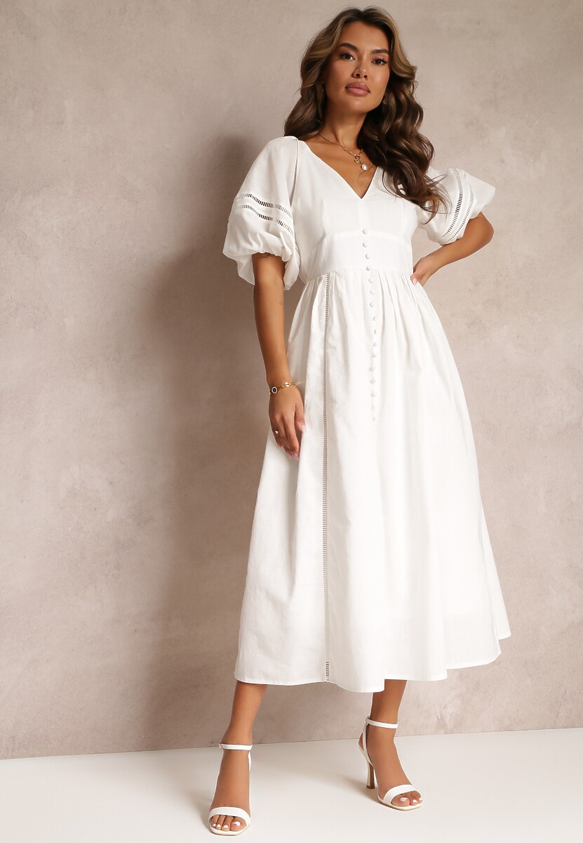 Beżowa Rozkloszowana Sukienka Maxi z Ażurowymi Wstawkami z Lnem i Bawełną Camya