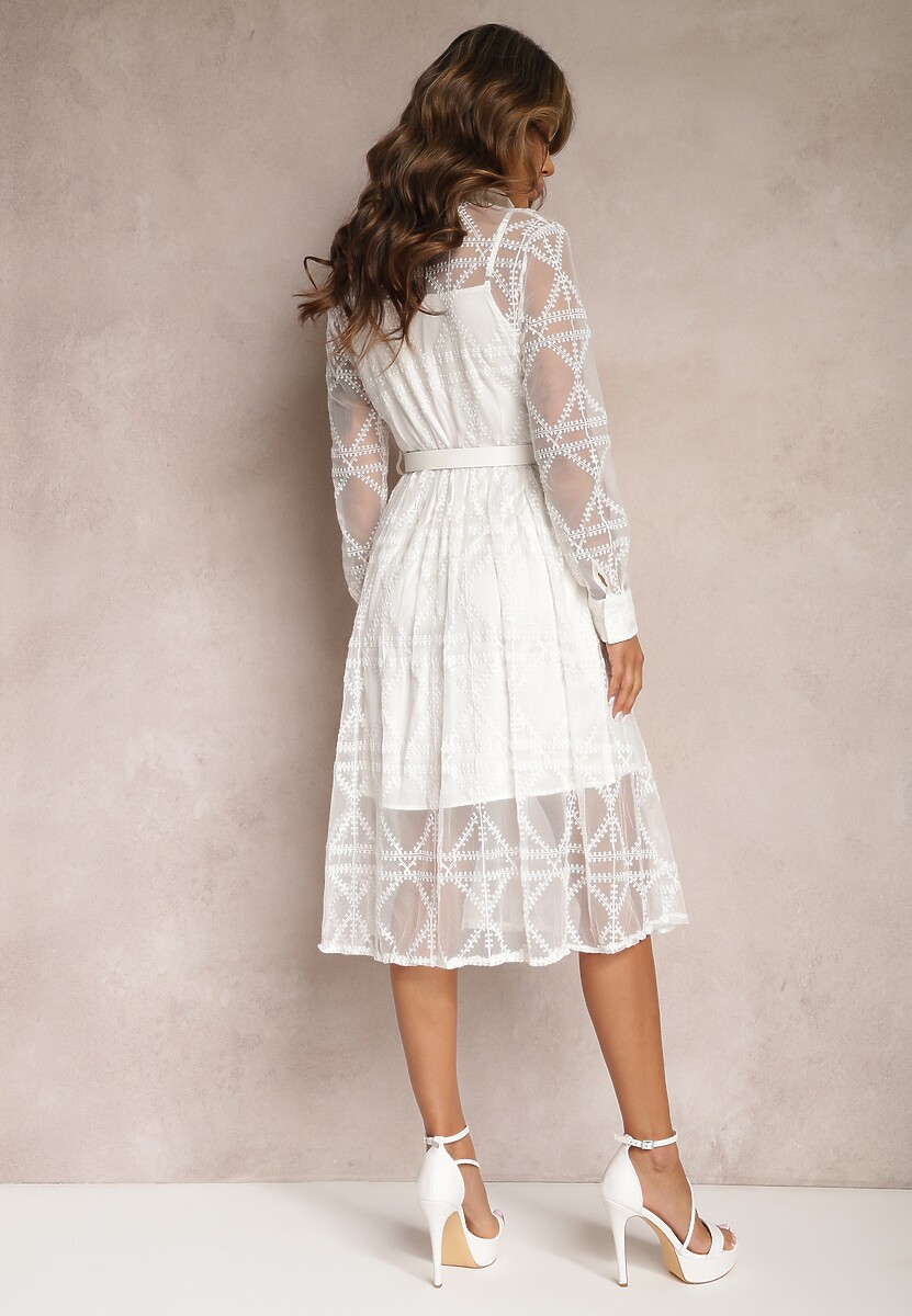 Biała Haftowana Sukienka Midi z Paskiem Binaela