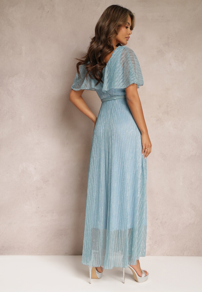 Jasnoniebieska Koktajlowa Sukienka Maxi z Ozdobną Falbaną na Górze Cailey