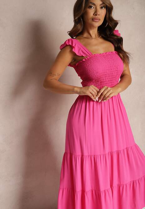 Fuksjowa Sukienka z Bawełny na Ramiączkach Ozdobiona Falbanami i Gumkami Mevalys