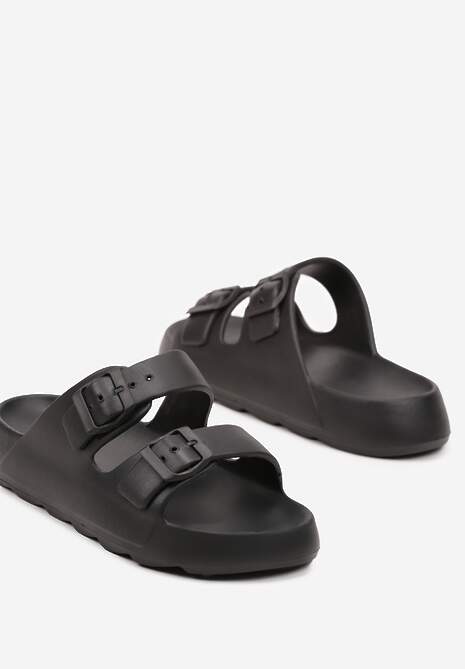 Czarne Piankowe Płaskie Klapki z Klamrami Chrissi