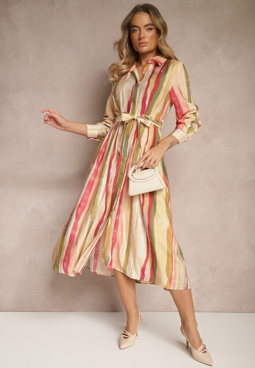 Beżowa Sukienka Koszulowa Wiązana w Talii w Paseczki Merilsa
