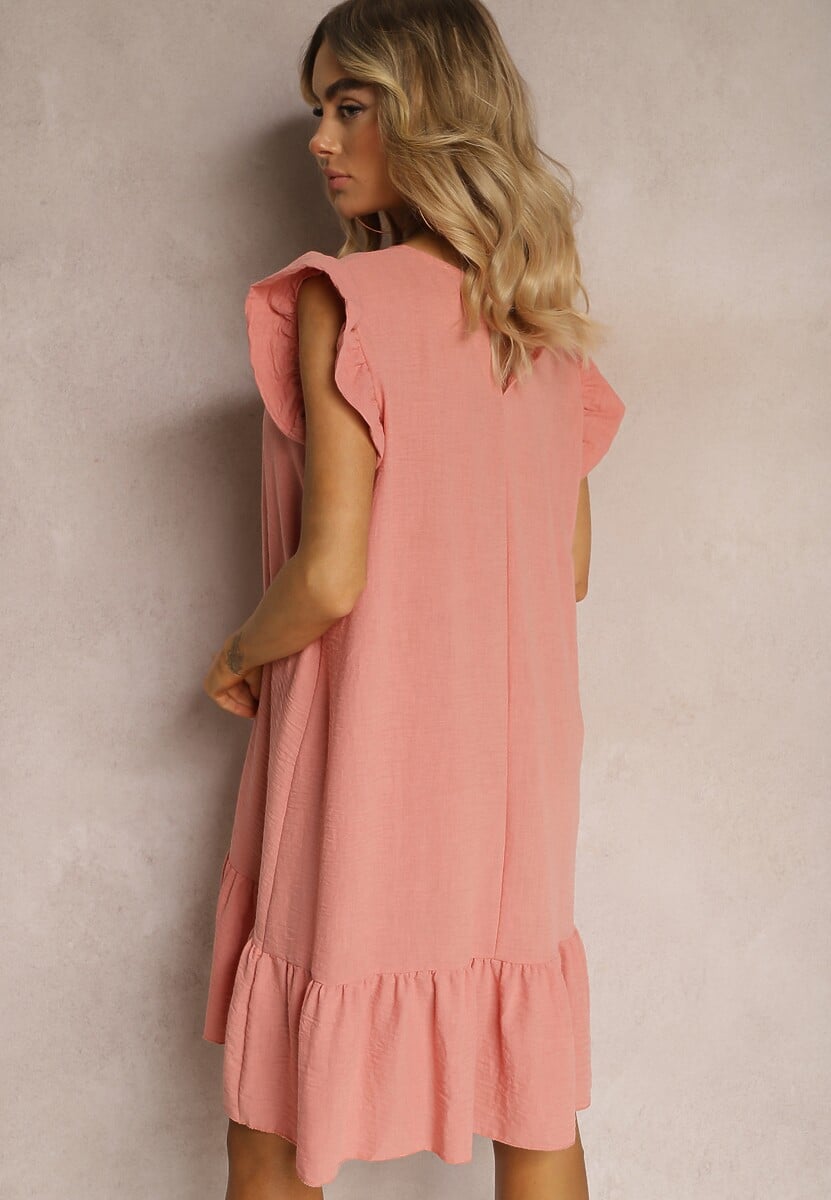 Różowa Sukienka o Rozkloszowanym Kroju z Krótkim Rękawem i Falbankami Lavolia