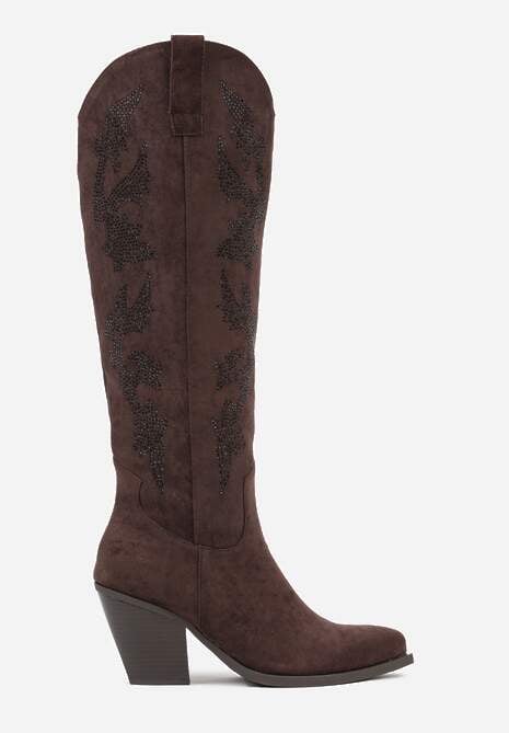 Brązowe Kozaki Kowbojki na Stożkowym Obcasie z Aplikacją z Cyrkoniami Zevrine