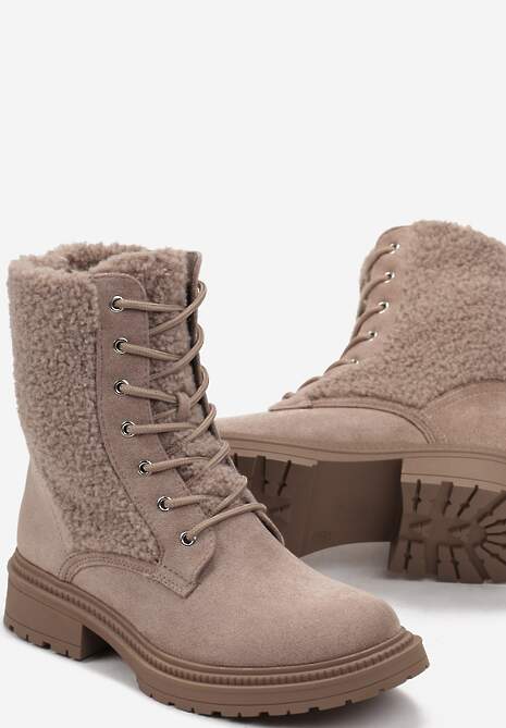 Beżowe Botki Workery z Ozdobnym Futerkiem Sinuas