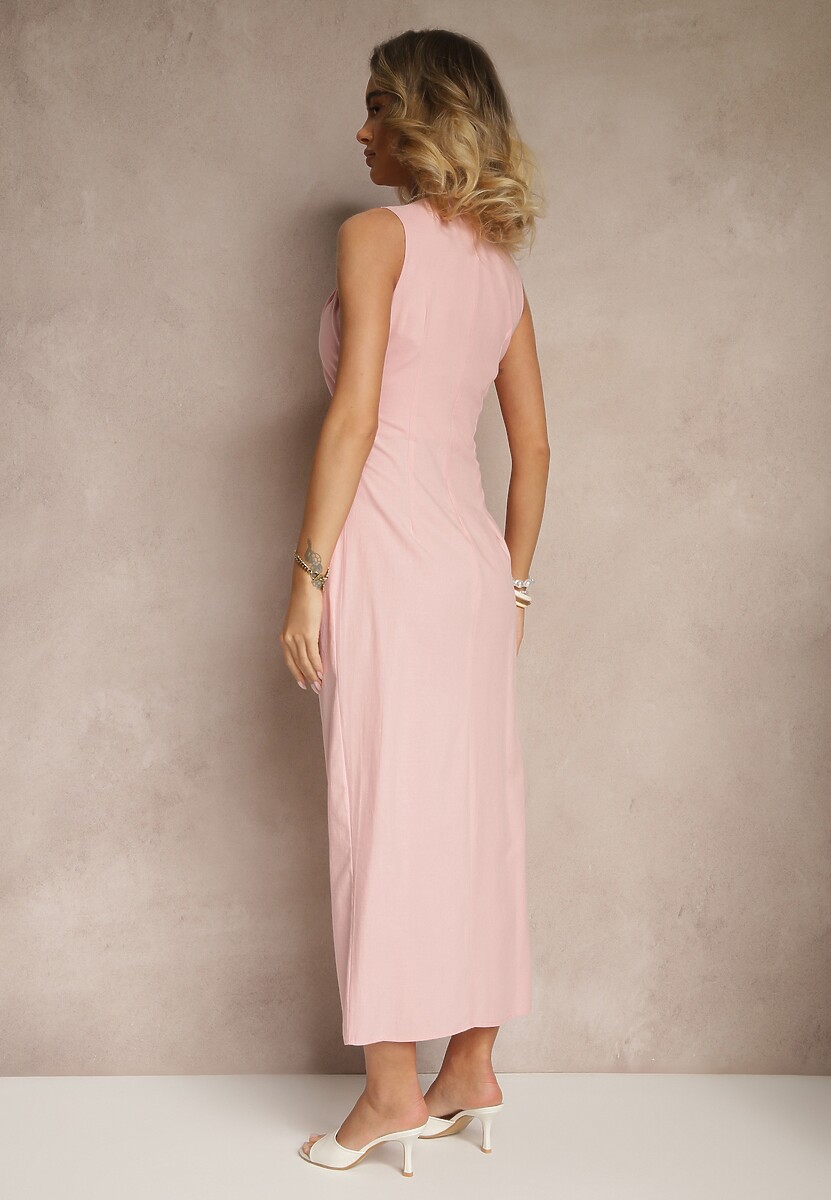 Różowa Sukienka Dopasowana z Bawełny i Wiskozy z Rozcięciem Tunaria