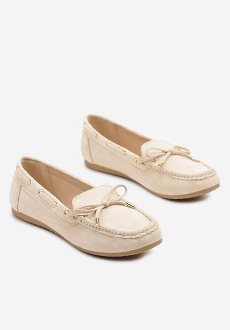 Beżowe Mokasyny z Ekozamszu Zdobione Wiązaniem z Kokardą Sonilora