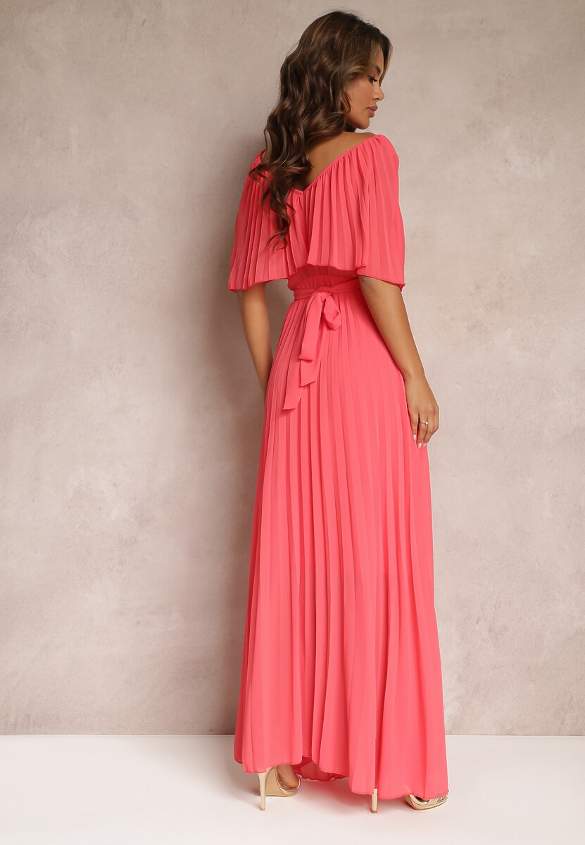 Różowa Plisowana Sukienka z Gumką w Pasie z Falbaną Przy Dekolcie Drenia