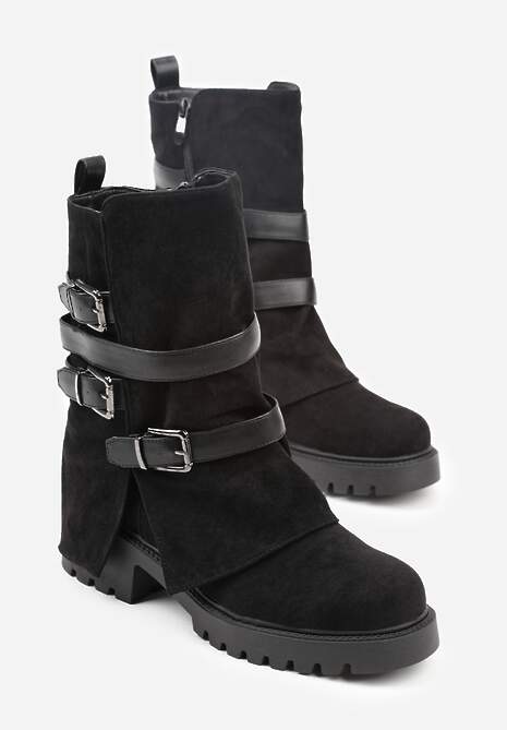 Czarne Botki Bikery Ozdobione Klamrami i Wywiniętą Cholewką Seride