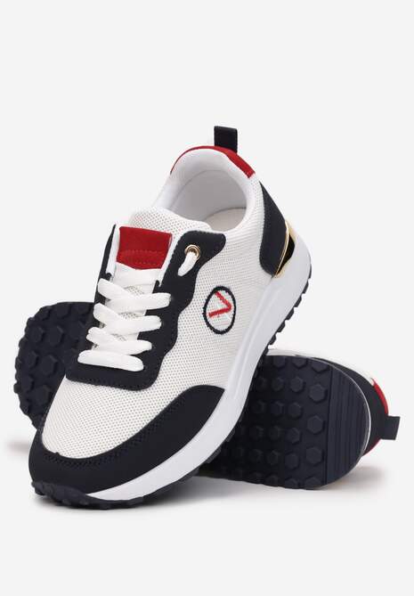 Biało-Granatowe Sneakersy z Haftowaną Naszywką i Metaliczną Wstawką Elnara