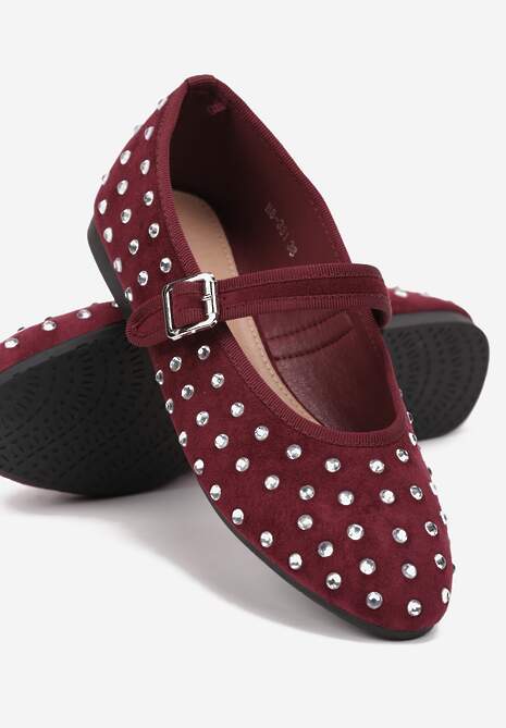 Bordowe Balerinki z Ekozamszu z Zapięciem na Klamerkę Ozdobione Cyrkoniami Daisanna