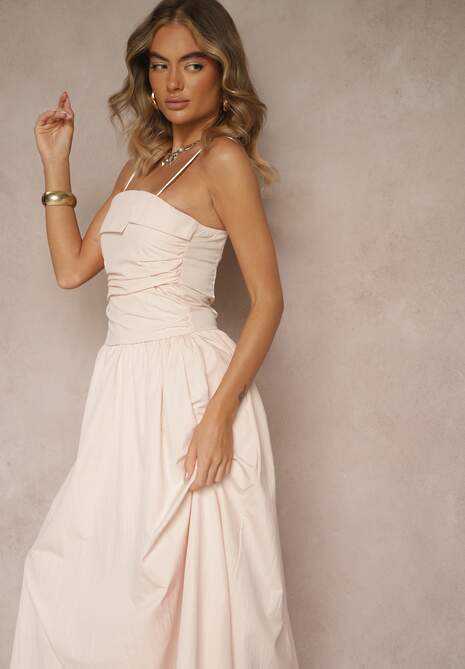 Różowa Sukienka z Wiskozy z Bawełną Ozdobiona Zakładką Atellana