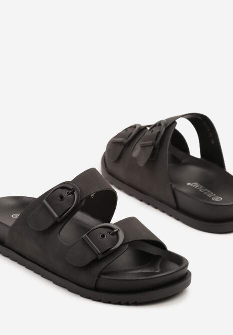 Czarne Klapki Ozdobione Klamrami i Dwoma Paskami Galzeri