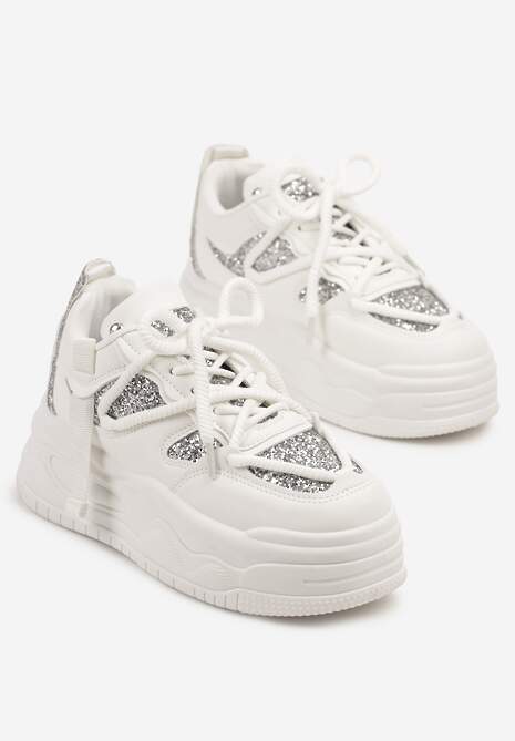 Białe Sneakersy w Streetwearowym Stylu na Tłoczonej Platformie z Brokatem Mailienne