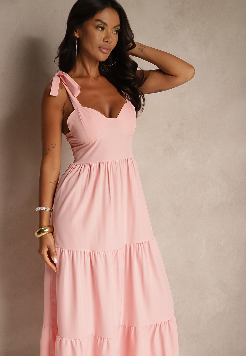 Różowa Sukienka z Wiskozą Falbanami i Wiązaniem Nilarrea