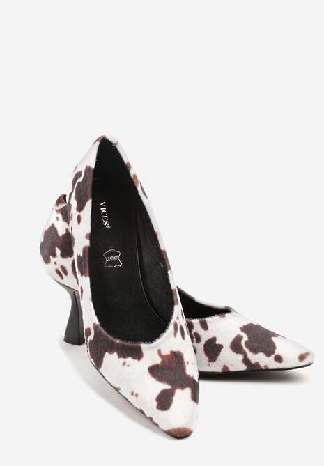 Brązowo-Białe Czółenka Vices w Krowie Łaty na Obcasie Typu Klepsydra ze Skórzaną Wkładką Dedvire