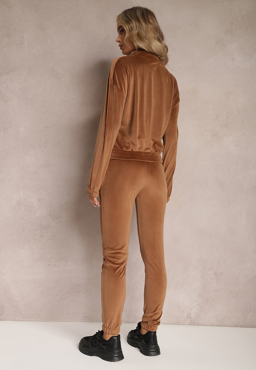 Brązowy Komplet Dresowy z Weluru ze Ściągaczami i Bluzą z Kapturem Rerafina