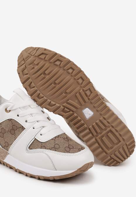 Biało-Brązowe Sneakersy Ozdobione Metaliczną Aplikacją i Przeszyciami Soltia